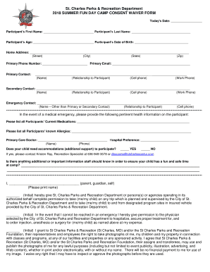 St. Charles Summer Fun Day Camp Consent Waiver Form