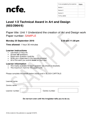 Level 1/2 Technical Award in Art and Design Exam