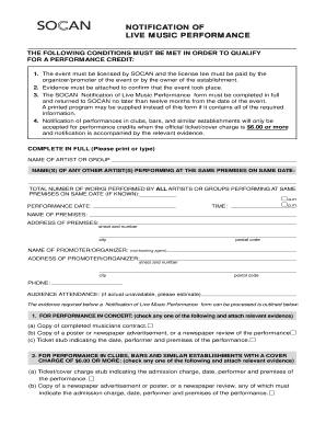 SOCAN Notification of Live Music Performance