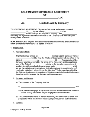 Sole Member Operating Agreement