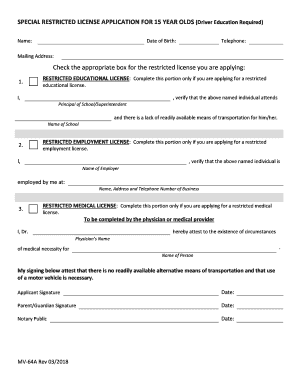 Special Restricted License Application for 15 Year Olds