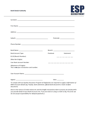 Bank Details Authority Form