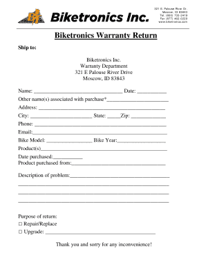 Biketronics Warranty Return Form