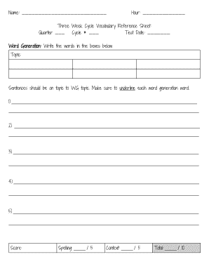 Three Week Cycle Vocabulary Reference Sheet