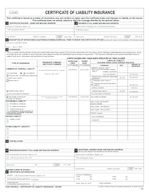 Certificate of Liability Insurance