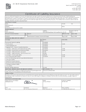 Certificate of Liability Insurance