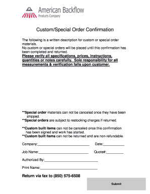 Custom Order Confirmation Form