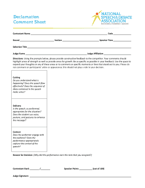 Speech Contest Judge Comment Sheet