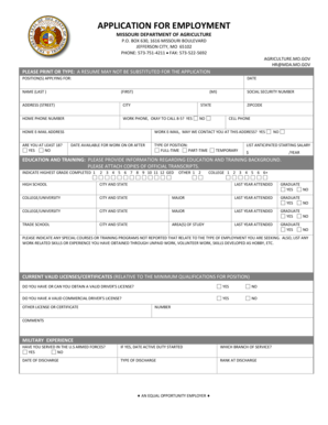 Missouri Department of Agriculture Employment Application