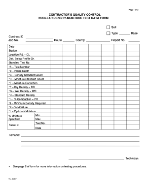 Contractor's Quality Control Nuclear Density-Moisture Test Data Form
