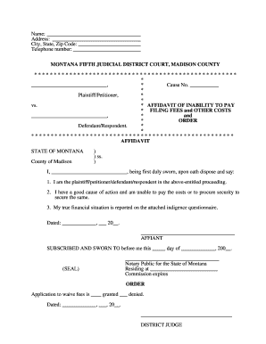 Affidavit of Inability to Pay Fees - Madison County, Montana - madison mt