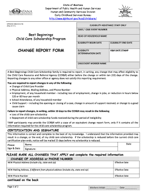 Montana Child Care Scholarship Change Report Form