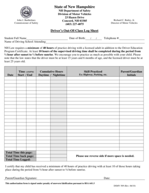 New Hampshire Driver’s Out-Of-Class Log Sheet