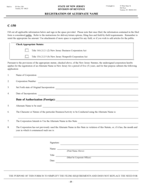 New Jersey Alternate Name Registration Form C-150
