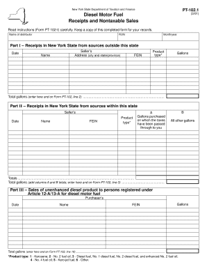 New York Diesel Fuel Receipts Form PT-102.1