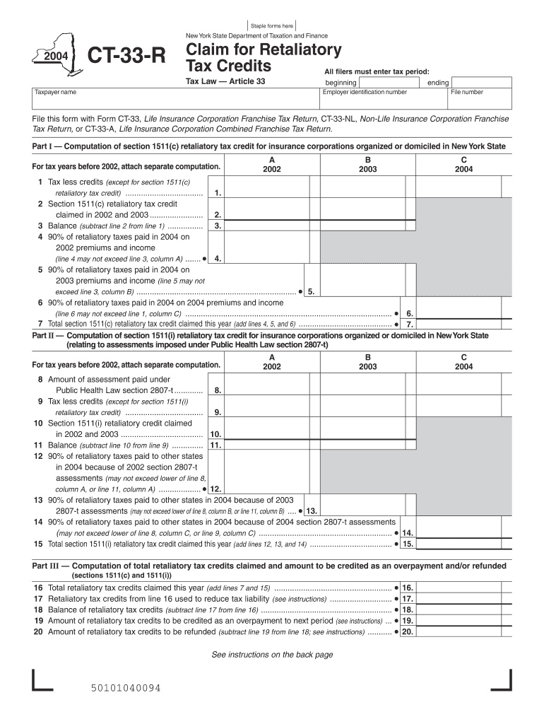 Staple forms here New York State Department of Taxation and Finance CT-33-R Taxpayer name Claim for  Preview on Page 1