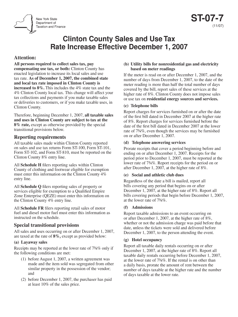 Form ST-07-7:11 07:Clinton County Sales and Use Tax Rate - tax ny Preview on Page 1