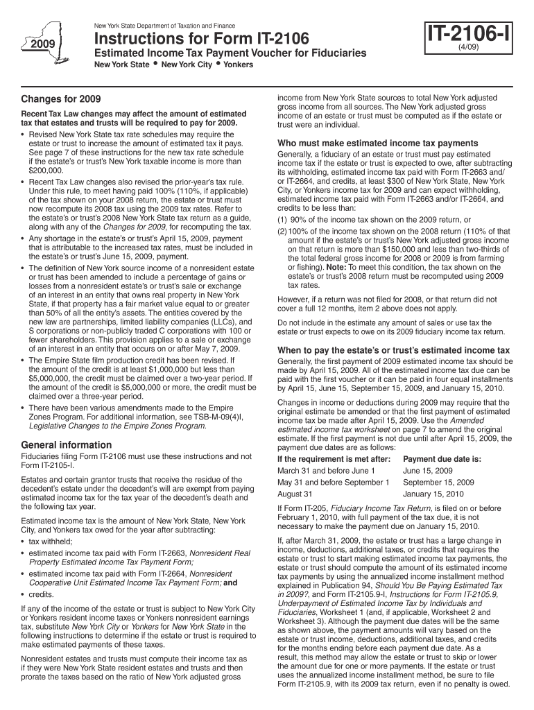 Form IT-2106-I: 2009 :Instructions for Form IT-2106:Estimated Income - tax ny Preview on Page 1