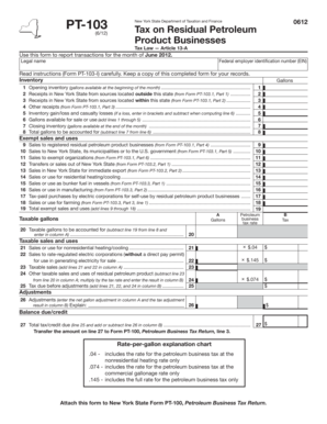PT-103 (6/12) Legal name New York State Department of Taxation and Finance Tax on Residual Petroleum Product Businesses Tax Law -- Article 13-A 0612 Use this form to report transactions for the month of June 2012 - tax ny