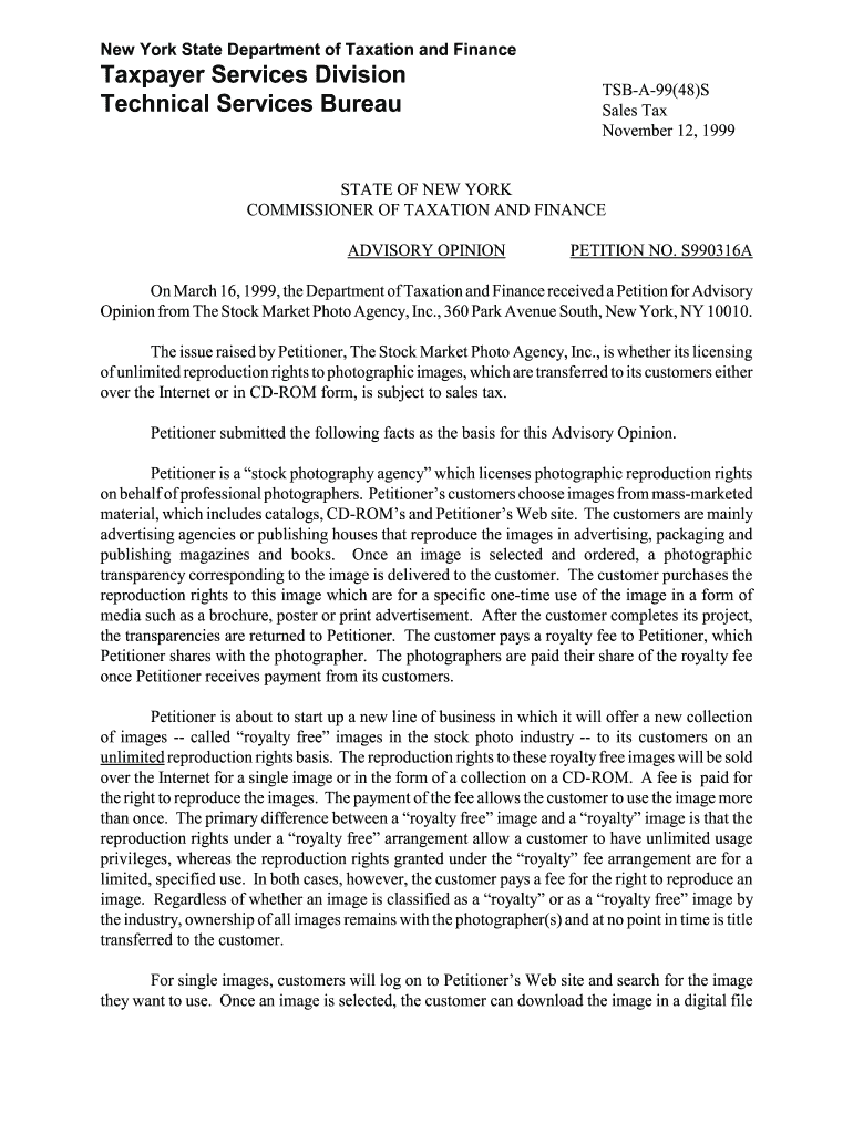 On March 16, 1999, the Department of Taxation and Finance received a Petition for Advisory Preview on Page 1