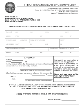Ohio Managing Esthetician Exam Application