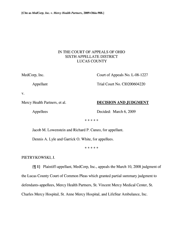 MedCorp, Inc v Mercy Health Partners supremecourt ohio Fill out