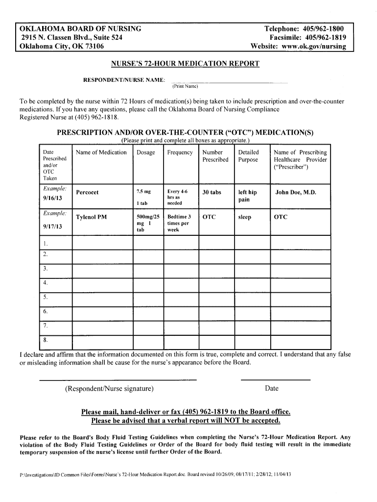 Oklahoma Board of Nursing Nurse's 72 Hour Medication Report Form Oklahoma Board of Nursing Nurse's 7 Preview on Page 1