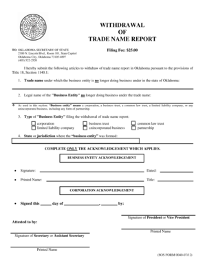 Oklahoma Trade Name Withdrawal Form