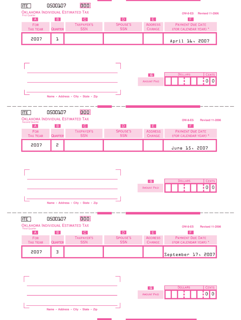 ITE First Quarter 0500107 A For Tax Year B Quarter 000 OW-8-ES Revised 11-2006 Oklahoma Individual E Preview on Page 1