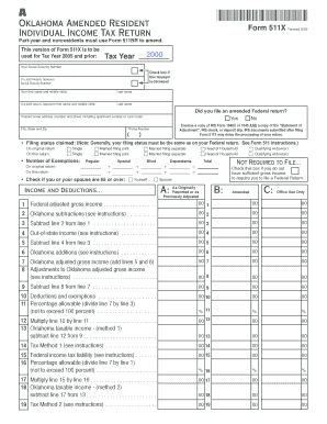 Oklahoma Amended Resident Individual Income Tax Return Form 511X