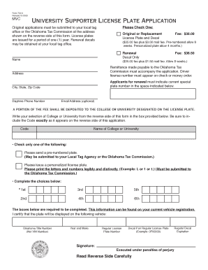 Oklahoma University Supporter License Plate Application