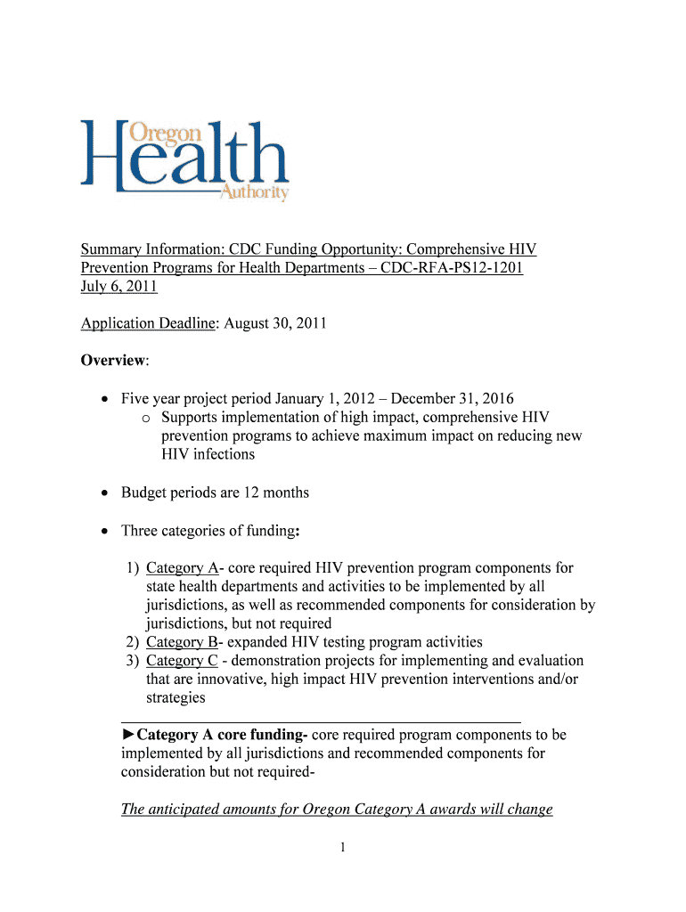 Summary Information CDC Funding Opportunity Comprehensive HIV - public health oregon Preview on Page 1