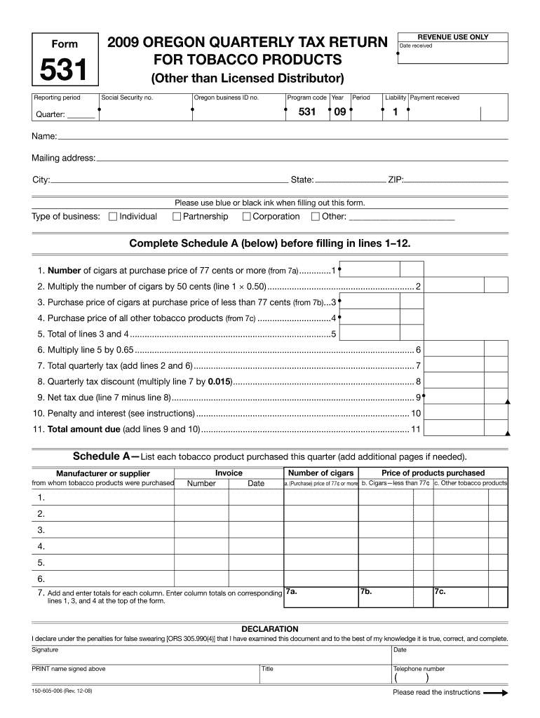Fillable Online Oregon Quarterly Tax Return for Tobacco Products Fax ...