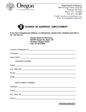 Oregon Board of Pharmacy Change of Address/Employment Form