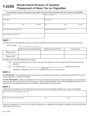 Rhode Island Cigarette Sales Tax Prepayment Certificate