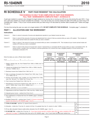 RI-1040NR 2010 Part-Year Resident Tax Calculation
