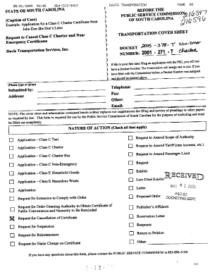 864-213-9463 864-213-9463 STATE OE SOUTH CAROLI'NA STATE OE SOUTH CAROLINA (Caption of Case) Example: Application for a Class C Charter Certificate from Example - dms psc sc