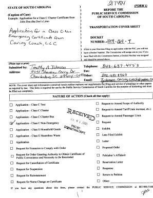 South Carolina Transportation Cover Sheet