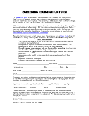 South Carolina Health Screening Registration Form