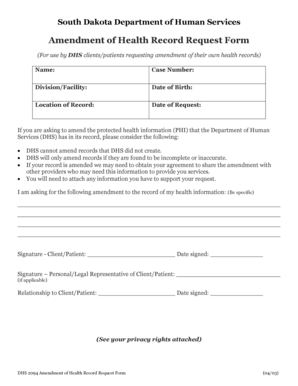 South Dakota Health Record Amendment Request Form