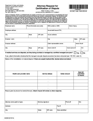 Workers' compensation form -- Attorney Request for Certification of Dispute - doli state mn