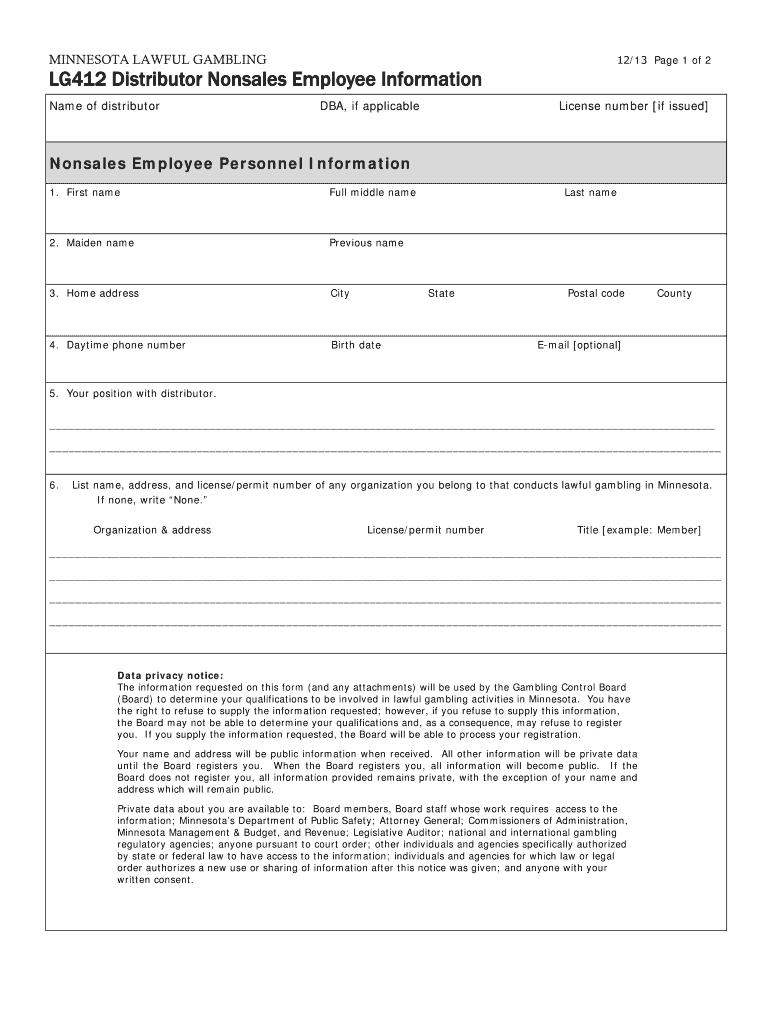Fillable Online gcb state mn LG412 Distributor Nonsales Employee