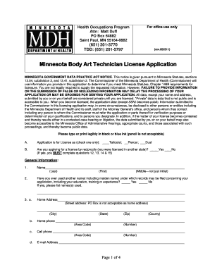 Minnesota Body Art Technician License Application