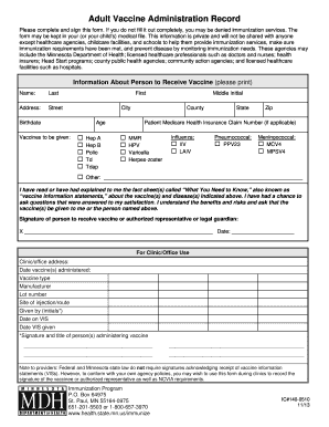 Adult immunization record - Adult Vaccine Administration Record - Minnesota Dept. of Health - health state mn