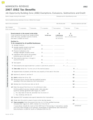 Minnesota JOBZ Tax Benefits Form