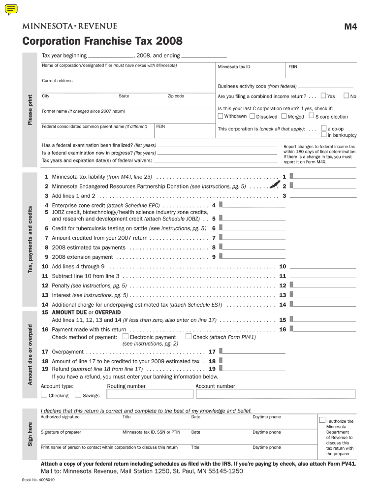 2008 M4, Corporation Franchise Tax Return. Includes 2008 Forms M4, M4I, M4A and M4T Preview on Page 1