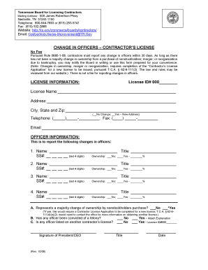 Tennessee Contractor License Change in Officers Form