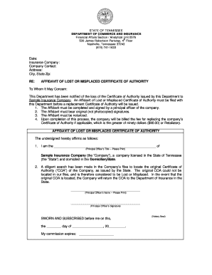 affidavit of lost or misplaced certificate of authority form