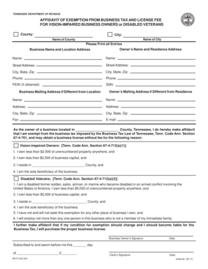 Tennessee Business Tax Exemption Affidavit