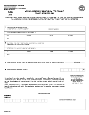 Tennessee Gross Receipts Tax Vending Machine Addendum